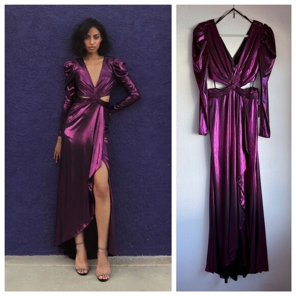 NWT Ieena for Mac Duggal Princess Sleeve Cut Out Metallic Gown in Fuchsia 27060 - Picture 1 of 16